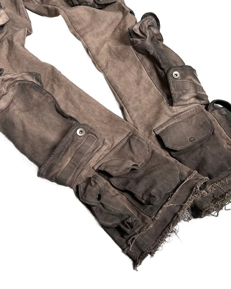 Trendy Distressed Flared Cargo - cyberpunk cargo pants - Trendy Distressed Flared Cargo Pants in Coffee