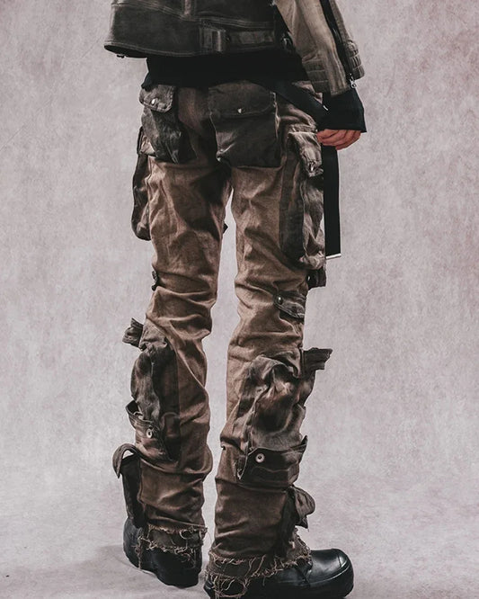Trendy Distressed Flared Cargo - cyberpunk cargo pants - Trendy Distressed Flared Cargo Pants in Coffee