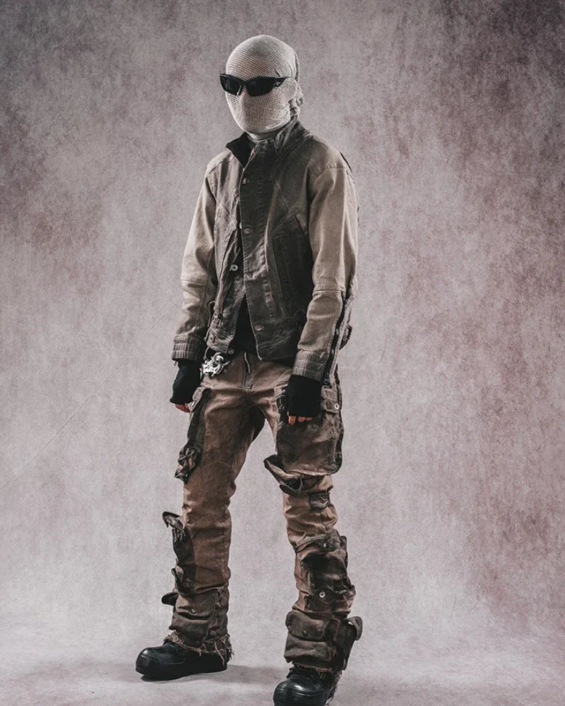 Trendy Distressed Flared Cargo -  distressed - Trendy Distressed Flared Cargo Pants in Coffee