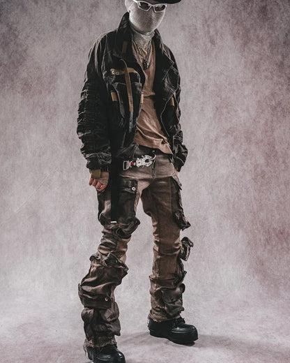 Trendy Distressed Flared Cargo -  flared - Trendy Distressed Flared Cargo Pants in Coffee