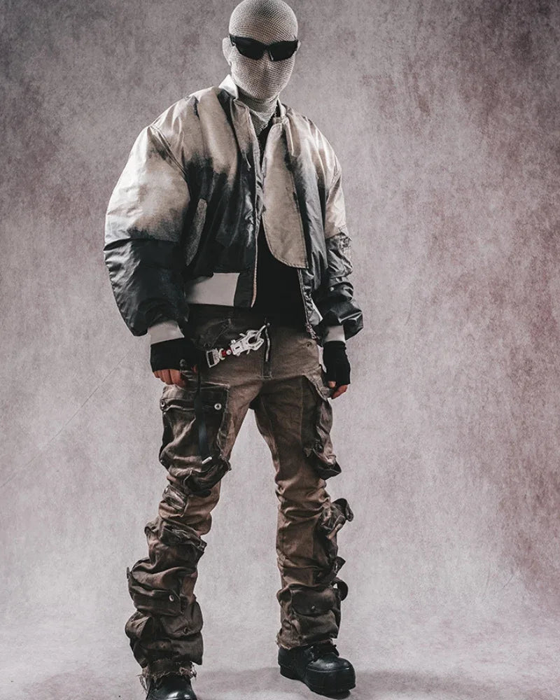 Trendy Distressed Flared Cargo -  streetwear pant style - Trendy Distressed Flared Cargo Pants in Coffee