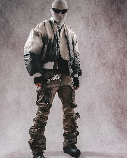 Trendy Distressed Flared Cargo -  streetwear pant style - Trendy Distressed Flared Cargo Pants in Coffee