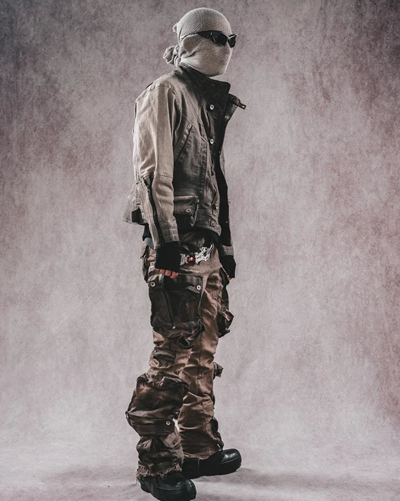 Trendy Distressed Flared Cargo -  techwear - Trendy Distressed Flared Cargo Pants in Coffee