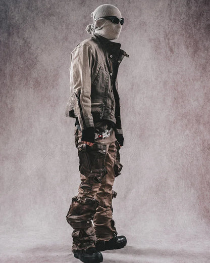 Trendy Distressed Flared Cargo -  techwear - Trendy Distressed Flared Cargo Pants in Coffee