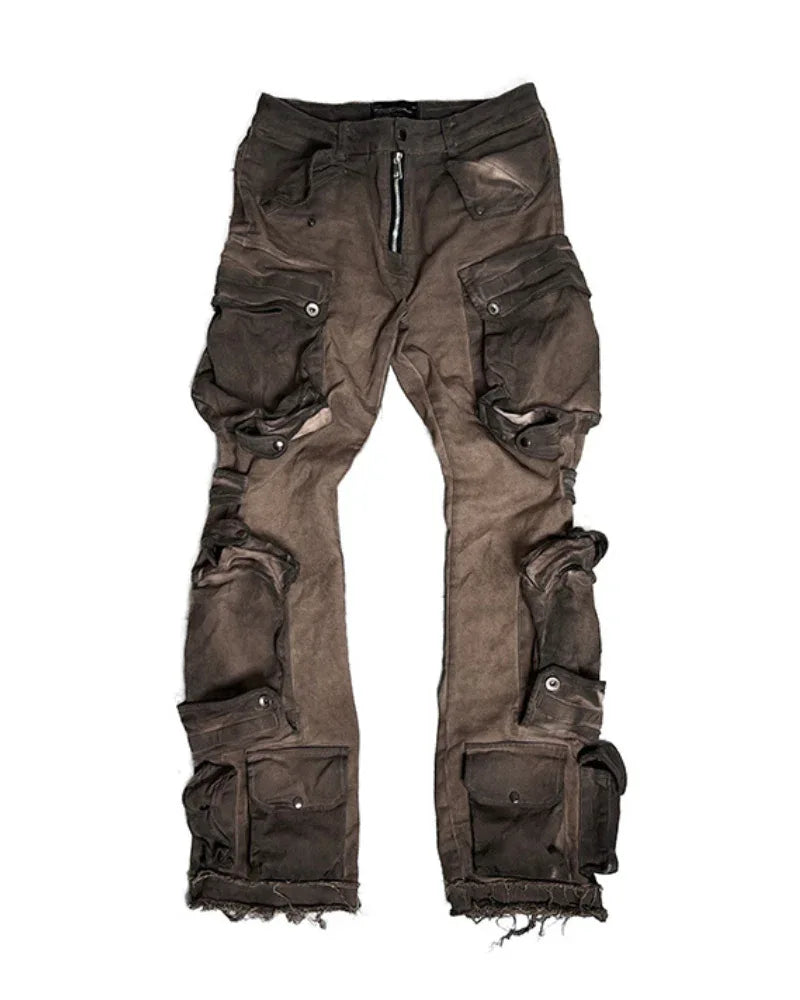 Trendy Distressed Flared Cargo -  wasteland wear pants - Trendy Distressed Flared Cargo Pants in Coffee