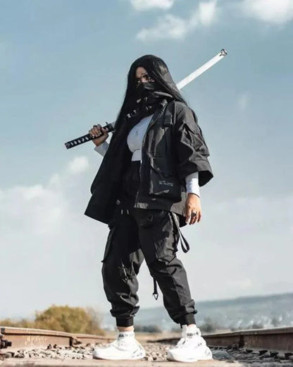 Trendy Hooded Short Sleeve Jacket -  black jacket - Comfy Short Sleeve Hooded Jacket for Urban Style