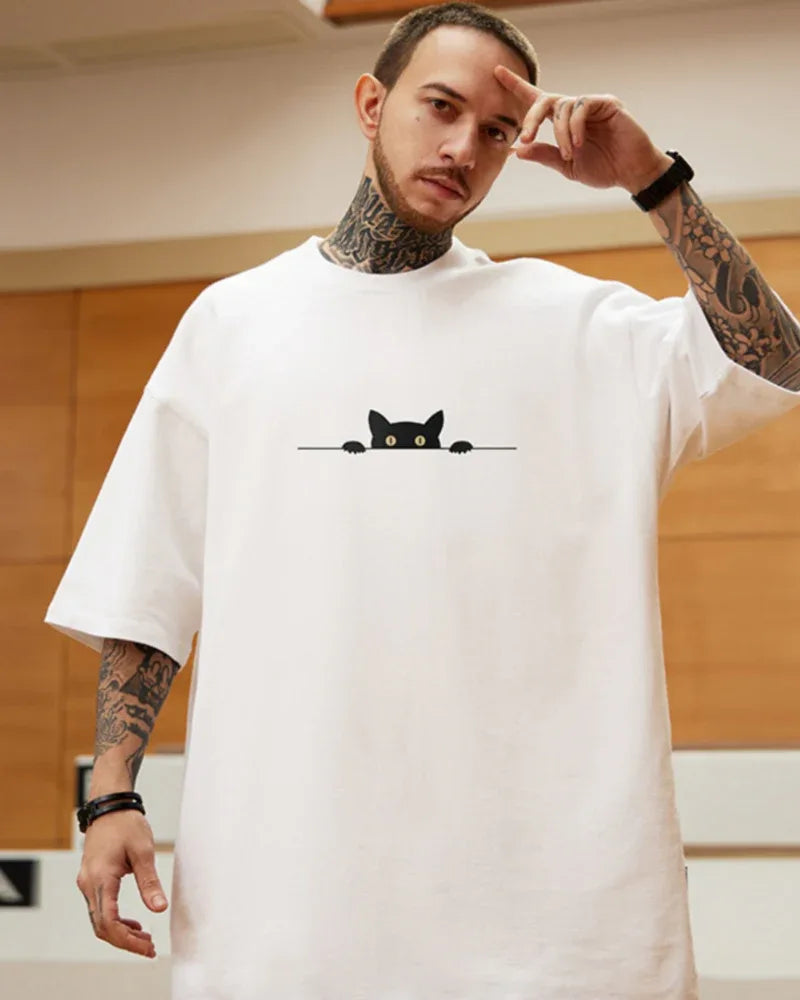 Trendy Oversized Cat Tee -  hip-hop style - Trendy Oversized Cat Tee for Streetwear Style
