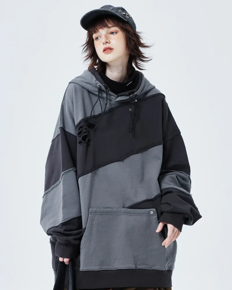 Trendy Patchwork Unisex Hoodie - fashionable techwear hoodie - Trendy Unisex Hoodie for Streetwear Enthusiasts