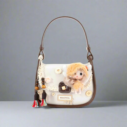 Whimsical Fairy Doll Satchel - fairy doll satchel - Vintage Fantasy Doll Satchel in Cream and Brown