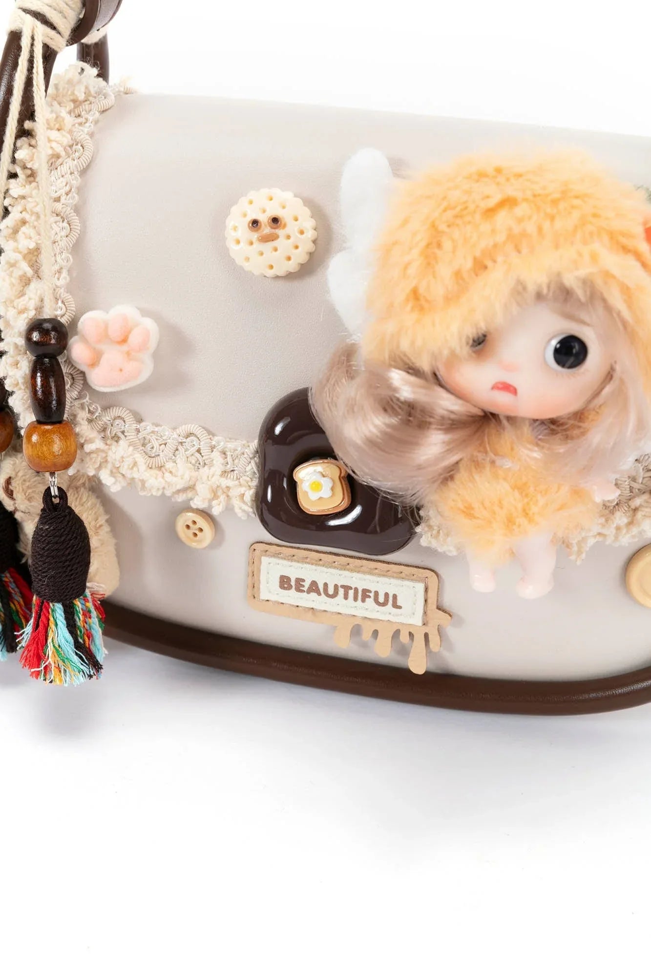 Whimsical Fairy Doll Satchel - fairy doll satchel - Vintage Fantasy Doll Satchel in Cream and Brown