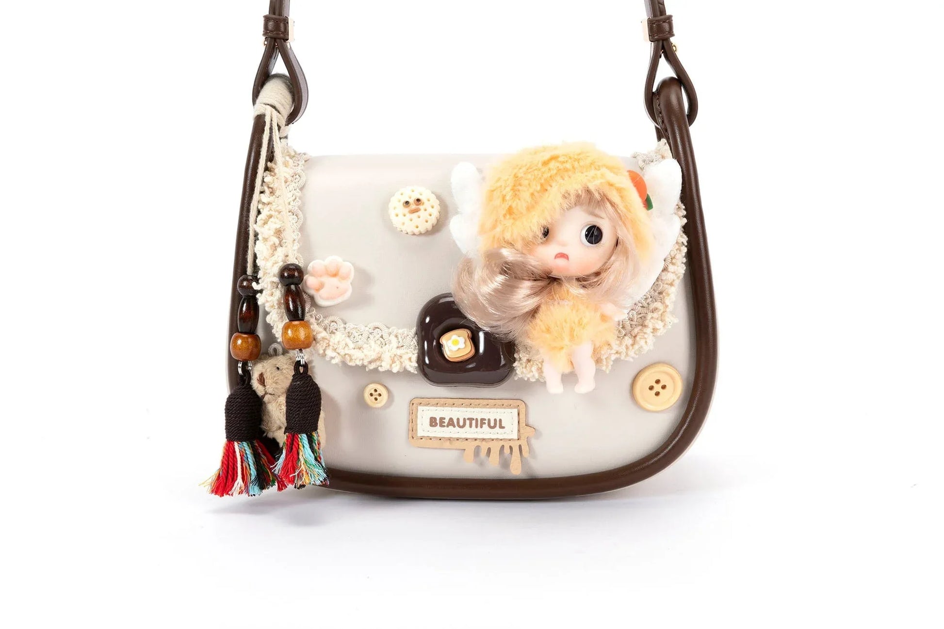 Whimsical Fairy Doll Satchel - vintage-fantasy saddle bag - Vintage Fantasy Doll Satchel in Cream and Brown