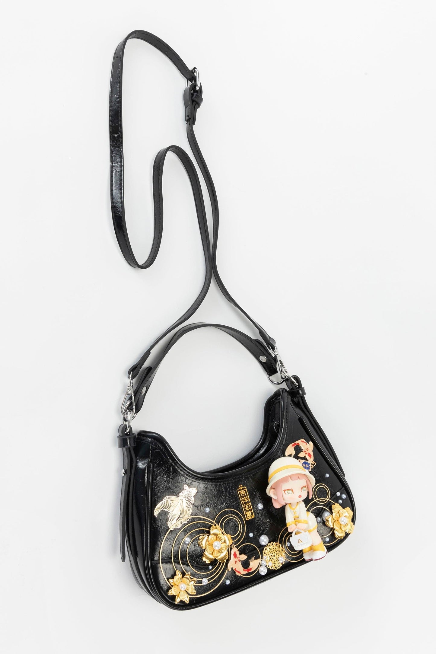 Whimsical Koi & Doll Hobo -  adjustable crossbody strap bag - Cultural Koi & Doll Decorative Hobo Bag