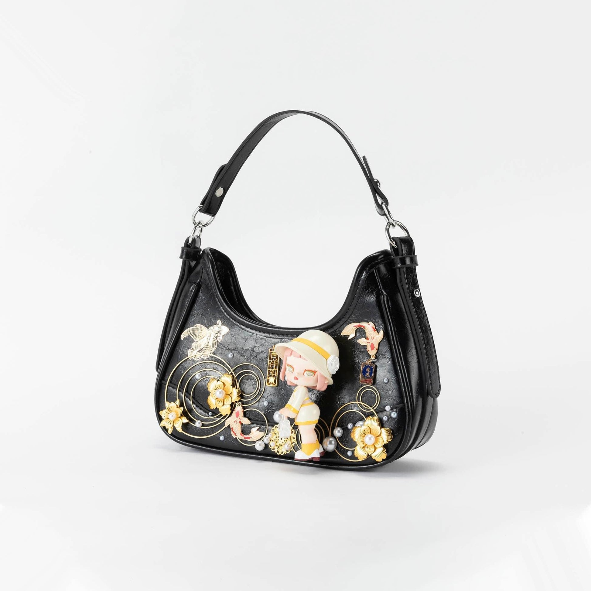 Whimsical Koi & Doll Hobo - premium synthetic leather bag - Cultural Koi & Doll Decorative Hobo Bag