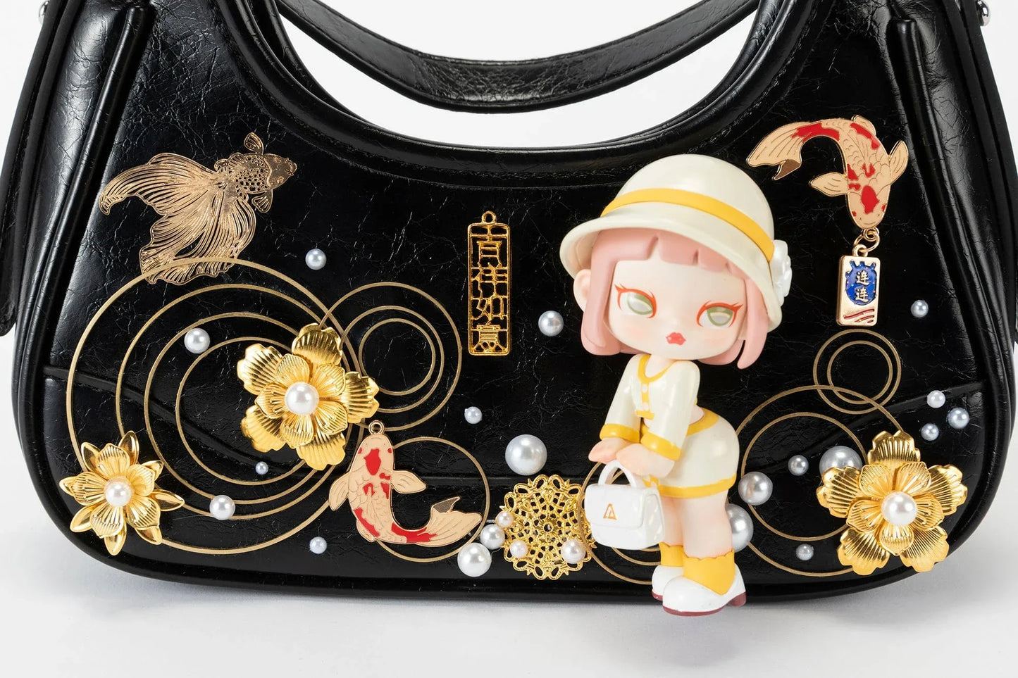 Whimsical Koi & Doll Hobo - premium synthetic leather bag - Cultural Koi & Doll Decorative Hobo Bag