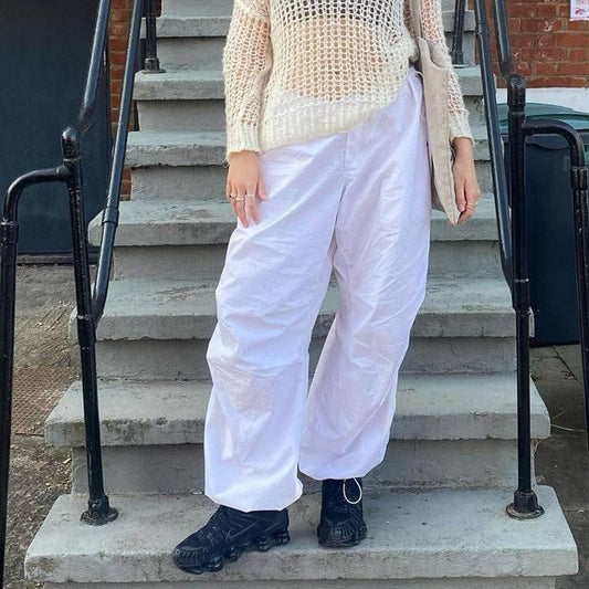 White parachute pants - trendy streetwear pants - Trendy White Parachute Pants for Urban Style
