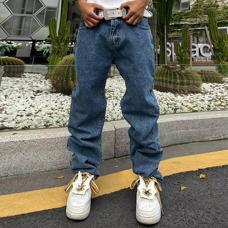 Wide Leg Streetwear Pants -  high waist pants - Trendy Wide Leg Streetwear Pants in Blue